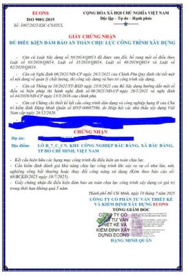 Chứng nhận an toàn chịu lực kết cấu nhà xưởng