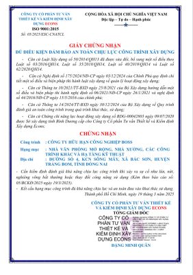 Văn bản kiểm định an toàn chịu lực công trình nhà xưởng theo quy định pháp luật