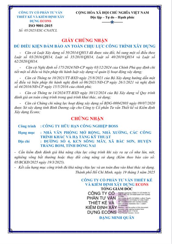 Văn bản kiểm định an toàn chịu lực công trình nhà xưởng theo quy định pháp luật