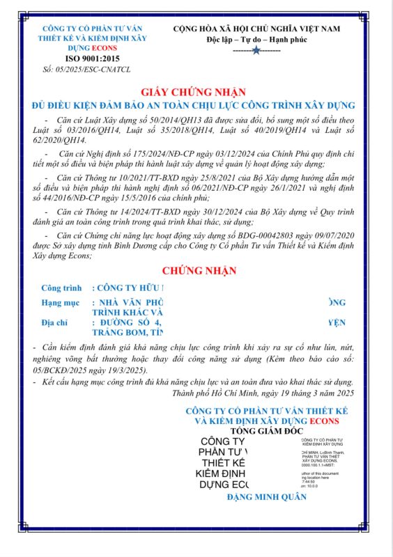 Giấy chứng nhận an toàn chịu lực công trình nhà xưởng sau kiểm định