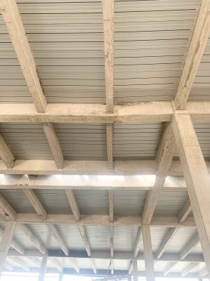 Kết cấu dầm và xà gồ bê tông mái nhà xưởng trong quá trình kiểm định an toàn.