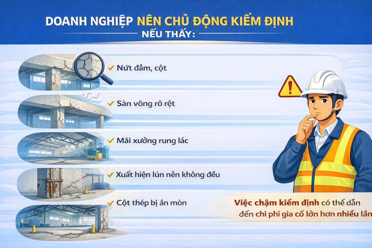 Nhà xưởng chuyển đổi thành văn phòng, showroom, kho tải trọng cao… làm thay đổi tải trọng thiết kế ban đầu, bắt buộc phải kiểm định lại khả năng chịu lực.