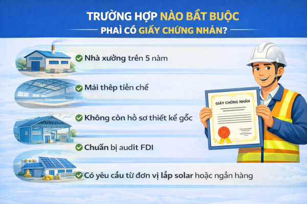 THAY ĐỔI CÔNG NĂNG SỬ DỤNG Chuyển nhà xưởng thành văn phòng, showroom, kho tải trọng cao… cần kiểm định lại khả năng chịu lực trước khi vận hành.