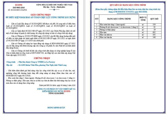 Giấy chứng nhận an toàn chịu lực nhà xưởng sau kiểm định kết cấu.