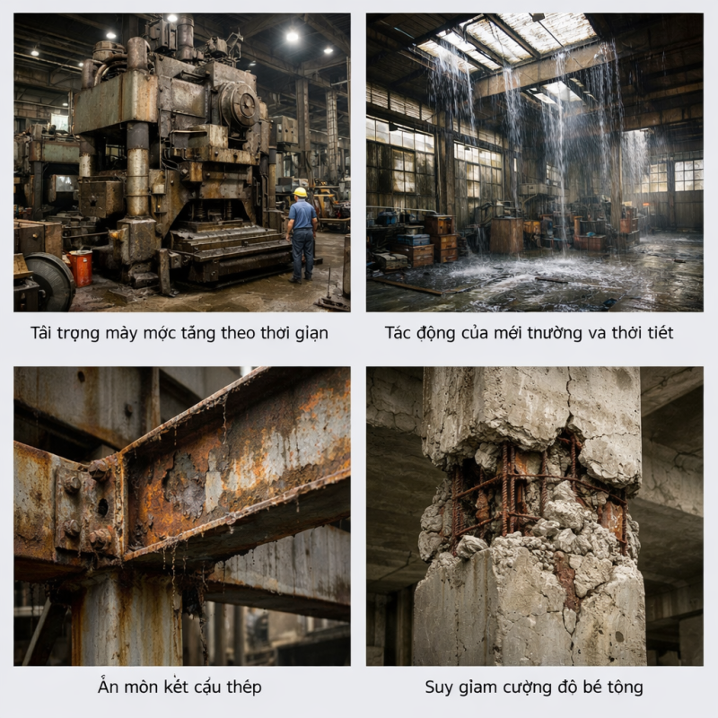Các nguyên nhân làm suy giảm kết cấu nhà xưởng sau nhiều năm sử dụng như tải trọng máy móc tăng, tác động môi trường, ăn mòn kết cấu thép và suy giảm cường độ bê tông. Kiểm định nhà xưởng giúp đánh giá khả năng chịu lực và đảm bảo an toàn công trình.