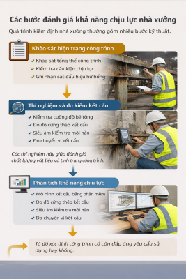 Các bước đánh giá khả năng chịu lực nhà xưởng gồm khảo sát hiện trạng công trình, thí nghiệm vật liệu, đo kiểm kết cấu và phân tích bằng phần mềm tính toán. Quy trình kiểm định giúp xác định mức độ an toàn chịu lực của nhà máy và nhà xưởng trong quá trình sử dụng.