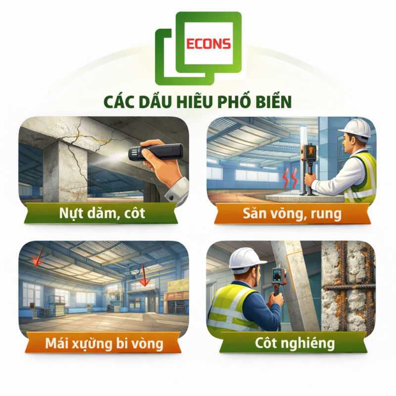 Dấu hiệu hư hỏng nhà xưởng cần kiểm định gồm nứt, lún, võng mái – cảnh báo nguy cơ mất an toàn công trình và rớt audit