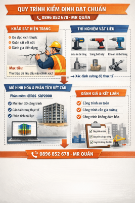 Hình ảnh mô tả đầy đủ quy trình kiểm định nhà xưởng bao gồm khảo sát hiện trạng, thí nghiệm vật liệu, phân tích kết cấu bằng phần mềm ETABS và lập báo cáo đánh giá an toàn chịu lực công trình.