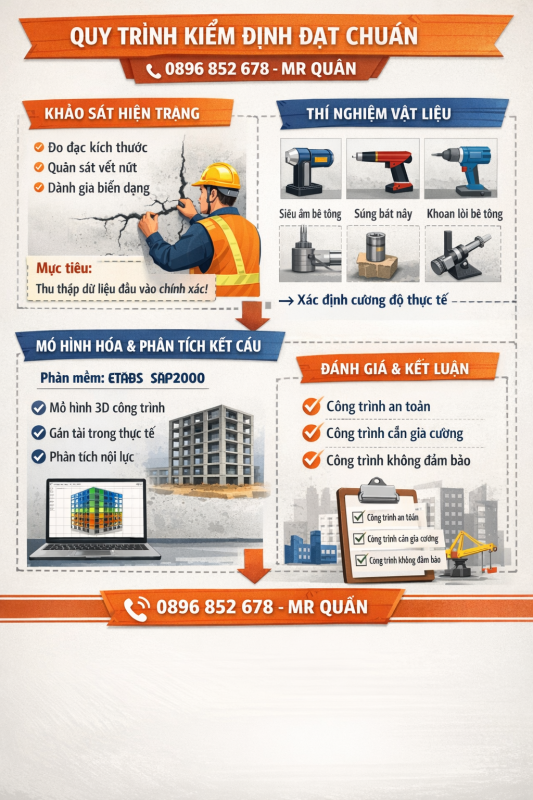 Hình ảnh mô tả đầy đủ quy trình kiểm định nhà xưởng bao gồm khảo sát hiện trạng, thí nghiệm vật liệu, phân tích kết cấu bằng phần mềm ETABS và lập báo cáo đánh giá an toàn chịu lực công trình.