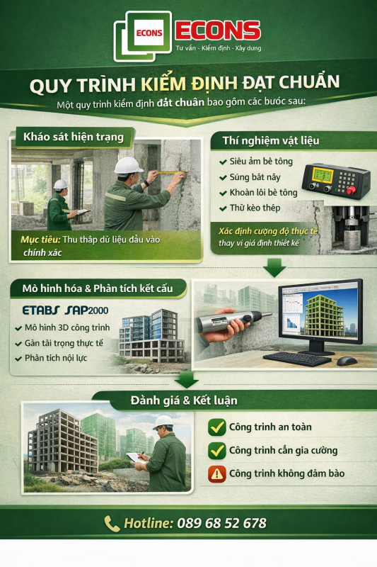 quy trình kiểm định nhà xưởng gồm khảo sát hiện trạng thí nghiệm vật liệu mô hình kết cấu và đánh giá an toàn công trình