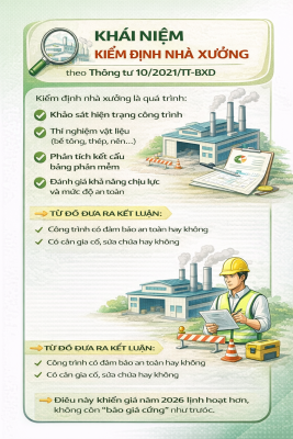 Khái niệm kiểm định nhà xưởng gồm khảo sát hiện trạng, thí nghiệm vật liệu và đánh giá an toàn kết cấu công trình