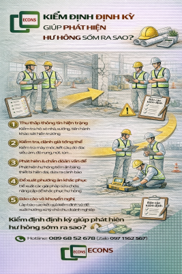 kiểm định định kỳ giúp phát hiện hư hỏng sớm thông qua khảo sát kiểm tra đánh giá và đề xuất giải pháp xử lý nhà xưởng