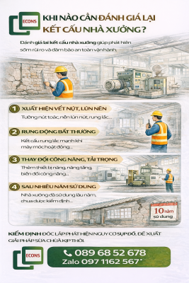 khi nào cần đánh giá lại kết cấu nhà xưởng khi xuất hiện nứt lún rung động thay đổi tải trọng hoặc sau nhiều năm sử dụng