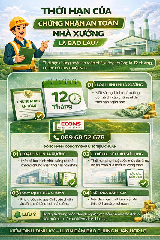 Thời hạn chứng nhận an toàn nhà xưởng là bao lâu – kiểm định nhà xưởng ECONS