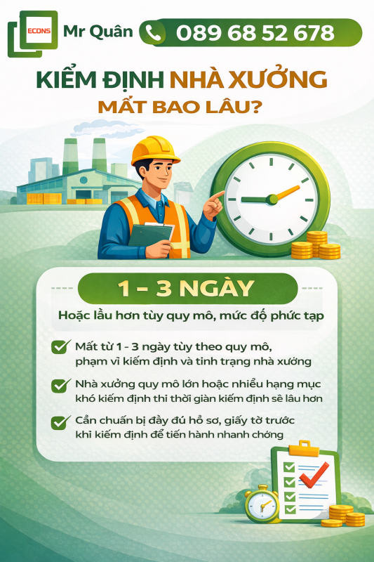 Kiểm định nhà xưởng mất bao lâu – thời gian kiểm định từ 1 đến 3 ngày tùy quy mô Econs Mr Quân 089 68 52 678