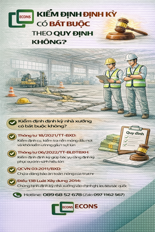 kiểm định định kỳ nhà xưởng có bắt buộc theo quy định không và các căn cứ pháp lý liên quan đến an toàn công trình