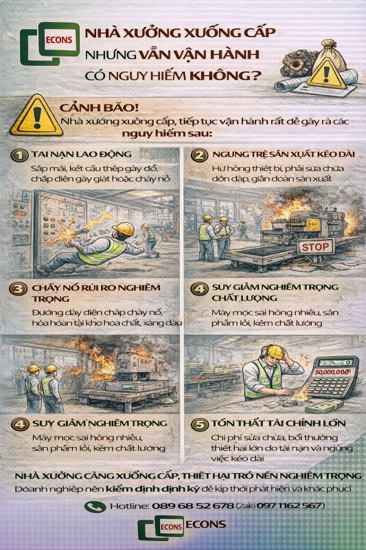 nhà xưởng xuống cấp nhưng vẫn vận hành có nguy hiểm không và các rủi ro như tai nạn lao động cháy nổ và sập kết cấu
