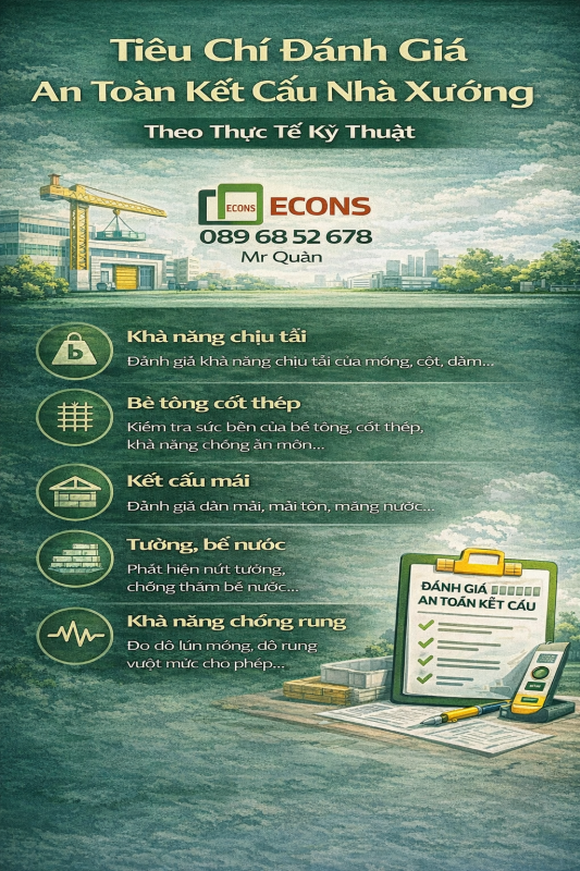 Tiêu chí đánh giá an toàn kết cấu nhà xưởng theo thực tế kỹ thuật gồm khả năng chịu tải, bê tông cốt thép và kết cấu mái