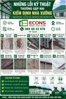 Những lỗi kỹ thuật thường gặp khi kiểm định nhà xưởng như nứt bê tông, ăn mòn thép, lún nền và liên kết bulong kém