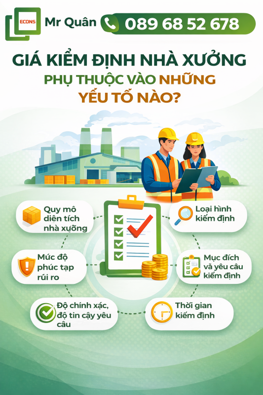 Giá kiểm định nhà xưởng phụ thuộc vào những yếu tố nào – tư vấn kiểm định Econs Mr Quân 089 68 52 678