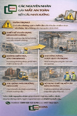 các nguyên nhân gây mất an toàn kết cấu nhà xưởng như thiết kế kém không bảo trì quá tải và tác động môi trường