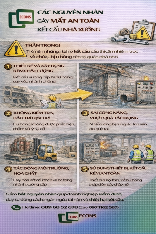 các nguyên nhân gây mất an toàn kết cấu nhà xưởng như thiết kế kém không bảo trì quá tải và tác động môi trường