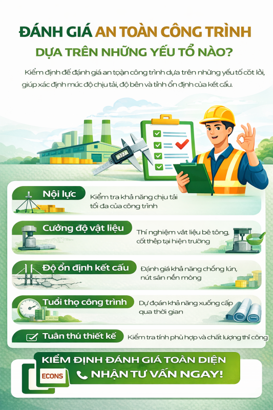 đánh giá an toàn công trình dựa trên các yếu tố như nội lực cường độ vật liệu độ ổn định kết cấu và tuổi thọ công trình