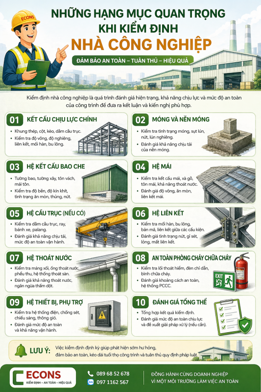 Những hạng mục quan trọng khi kiểm định nhà công nghiệp – kiểm tra kết cấu, móng, mái, PCCC ECONS