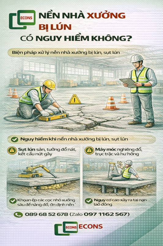 nền nhà xưởng bị lún có nguy hiểm không và các rủi ro như nứt sàn nghiêng máy móc và mất an toàn lao động
