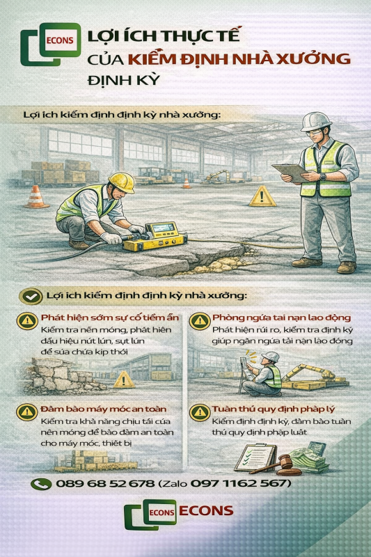 lợi ích kiểm định nhà xưởng định kỳ giúp phát hiện sớm sự cố ngăn ngừa tai nạn và đảm bảo an toàn sản xuất