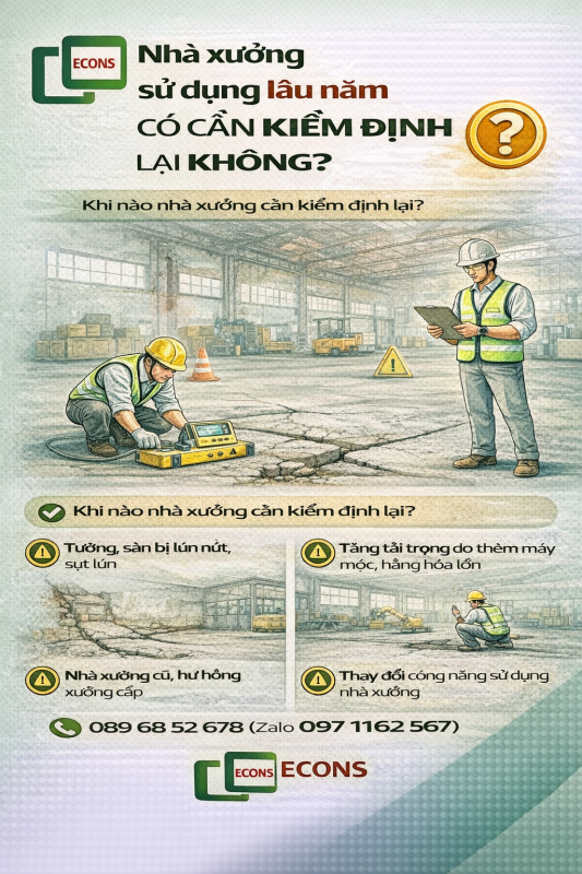 nhà xưởng sử dụng lâu năm có cần kiểm định lại không và các dấu hiệu xuống cấp như lún nứt tăng tải trọng và thay đổi công năng