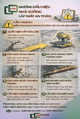 những dấu hiệu nhà xưởng sắp mất an toàn như nứt lún rung máy rỉ sét kết cấu và hư hỏng bê tông