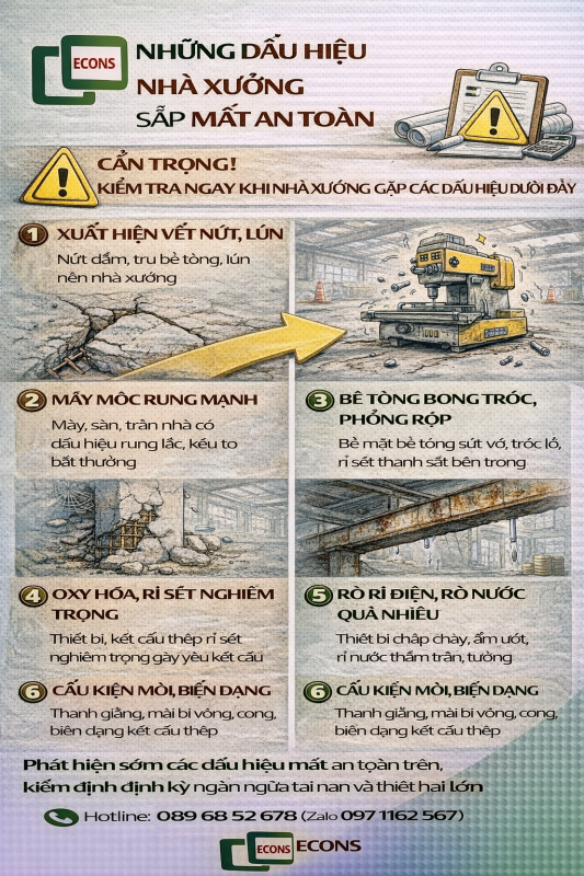 những dấu hiệu nhà xưởng sắp mất an toàn như nứt lún rung máy rỉ sét kết cấu và hư hỏng bê tông