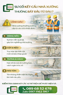 sự cố kết cấu nhà xưởng thường bắt đầu từ móng nền cột kèo tường vách và mái tôn bị xuống cấp