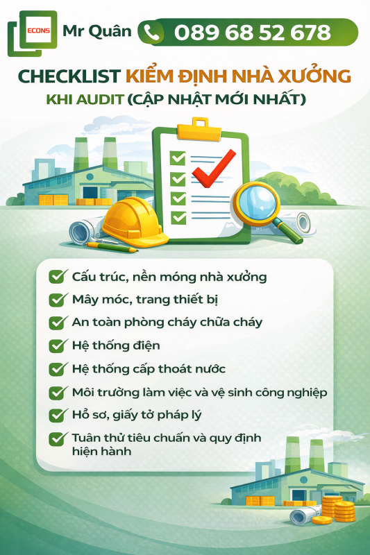 Checklist kiểm định nhà xưởng khi audit mới nhất – kiểm tra kết cấu, PCCC, điện, hồ sơ pháp lý Econs Mr Quân 089 68 52 678