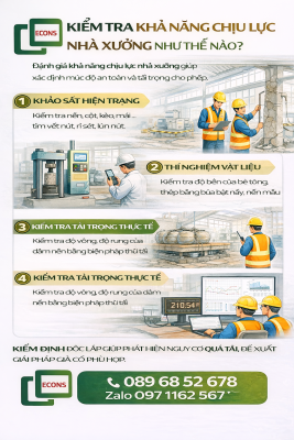 kiểm tra khả năng chịu lực nhà xưởng gồm khảo sát hiện trạng thí nghiệm vật liệu thử tải và phân tích kết cấu