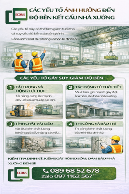 các yếu tố ảnh hưởng đến độ bền kết cấu nhà xưởng như tải trọng môi trường vật liệu và chất lượng thi công
