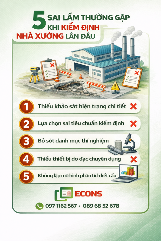 5 sai lầm thường gặp khi kiểm định nhà xưởng lần đầu như thiếu khảo sát hiện trạng, sai tiêu chuẩn và không phân tích kết cấu