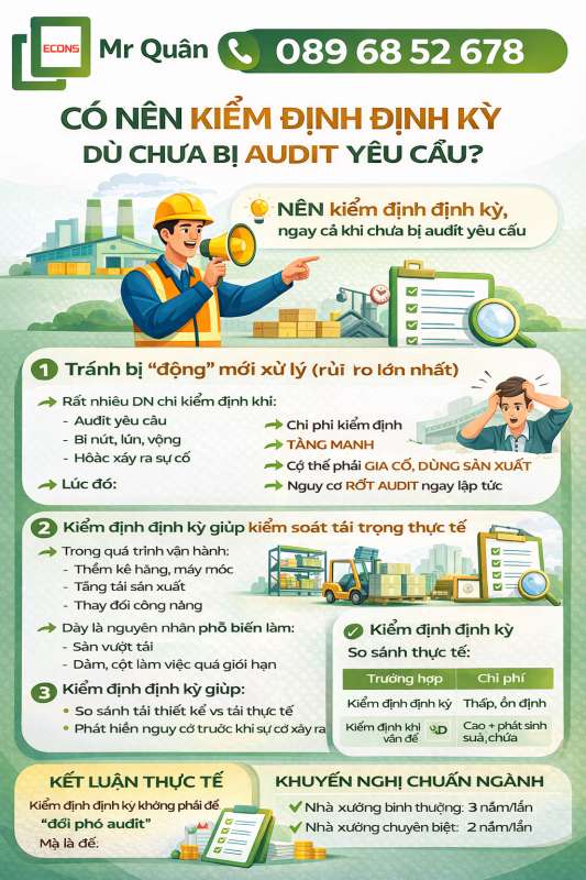 Có nên kiểm định nhà xưởng định kỳ khi chưa audit yêu cầu – lợi ích kiểm định định kỳ Econs Mr Quân 089 68 52 678