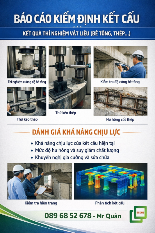 Báo cáo kiểm định kết cấu nhà xưởng Econs với kết quả thí nghiệm bê tông, thép và đánh giá khả năng chịu lực công trình