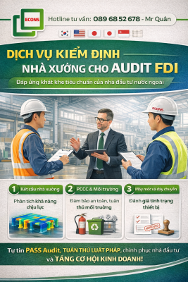Dịch vụ kiểm định nhà xưởng cho audit FDI gồm đánh giá kết cấu, PCCC, môi trường và thiết bị sản xuất