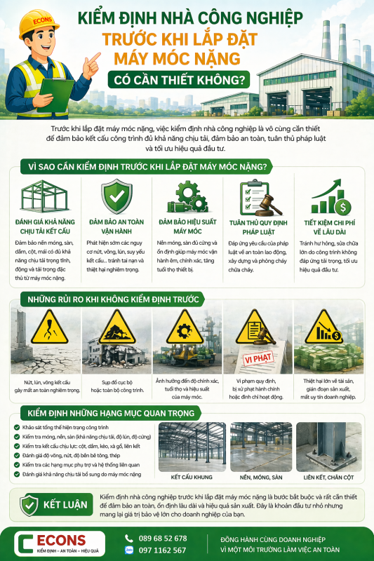 Kiểm định nhà công nghiệp trước khi lắp đặt máy móc nặng để đánh giá khả năng chịu tải kết cấu và nền móng