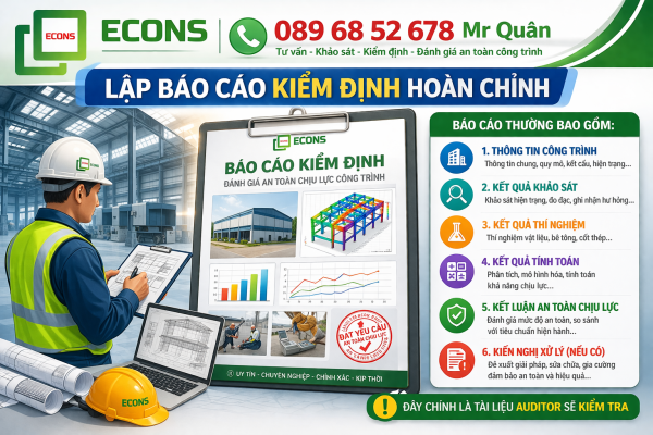 Lập báo cáo kiểm định nhà xưởng hoàn chỉnh phục vụ audit với đầy đủ thông tin khảo sát, thí nghiệm và kết luận an toàn chịu lực