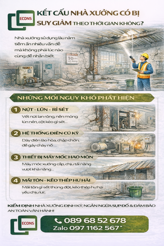 kết cấu nhà xưởng có bị suy giảm theo thời gian không với các dấu hiệu như nứt lún rỉ sét và xuống cấp kết cấu