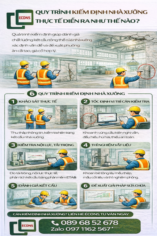 quy trình kiểm định nhà xưởng thực tế gồm khảo sát kiểm tra nội lực thí nghiệm vật liệu và đánh giá kết cấu