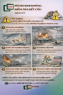 rủi ro khi không kiểm tra kết cấu định kỳ như sập công trình cháy nổ hư hỏng máy móc và tai nạn lao động
