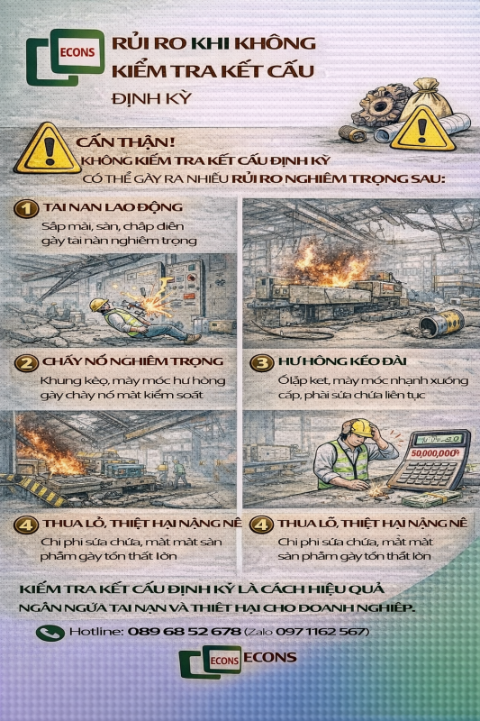 rủi ro khi không kiểm tra kết cấu định kỳ như sập công trình cháy nổ hư hỏng máy móc và tai nạn lao động