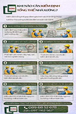 khi nào cần kiểm định tổng thể nhà xưởng khi xuống cấp nứt lún thay đổi công năng hoặc lắp đặt tải trọng lớn