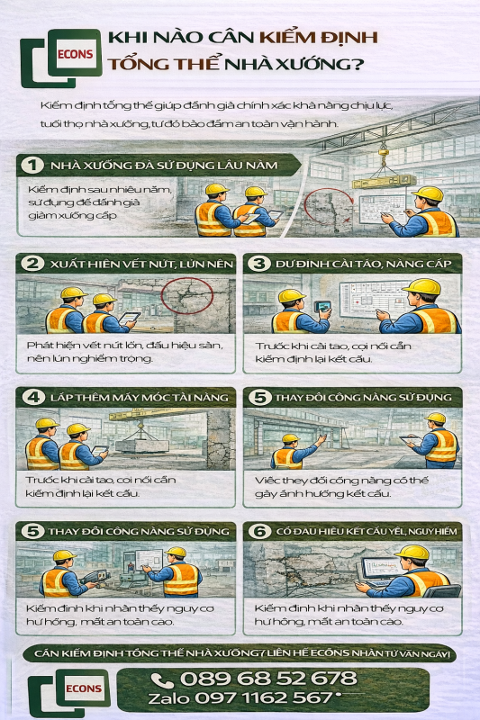 khi nào cần kiểm định tổng thể nhà xưởng khi xuống cấp nứt lún thay đổi công năng hoặc lắp đặt tải trọng lớn