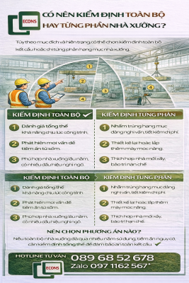 có nên kiểm định toàn bộ hay từng phần nhà xưởng để đánh giá an toàn kết cấu và tối ưu chi phí kiểm định